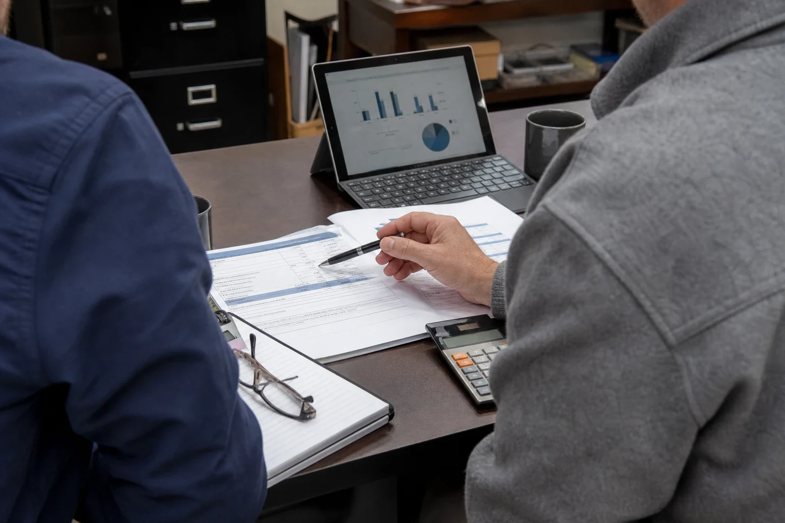 Two men seen from behind at an office desk reviewing a printed statement with a pen, beside a calculator, notepad, glasses, tablet with charts and a filing cabinet
