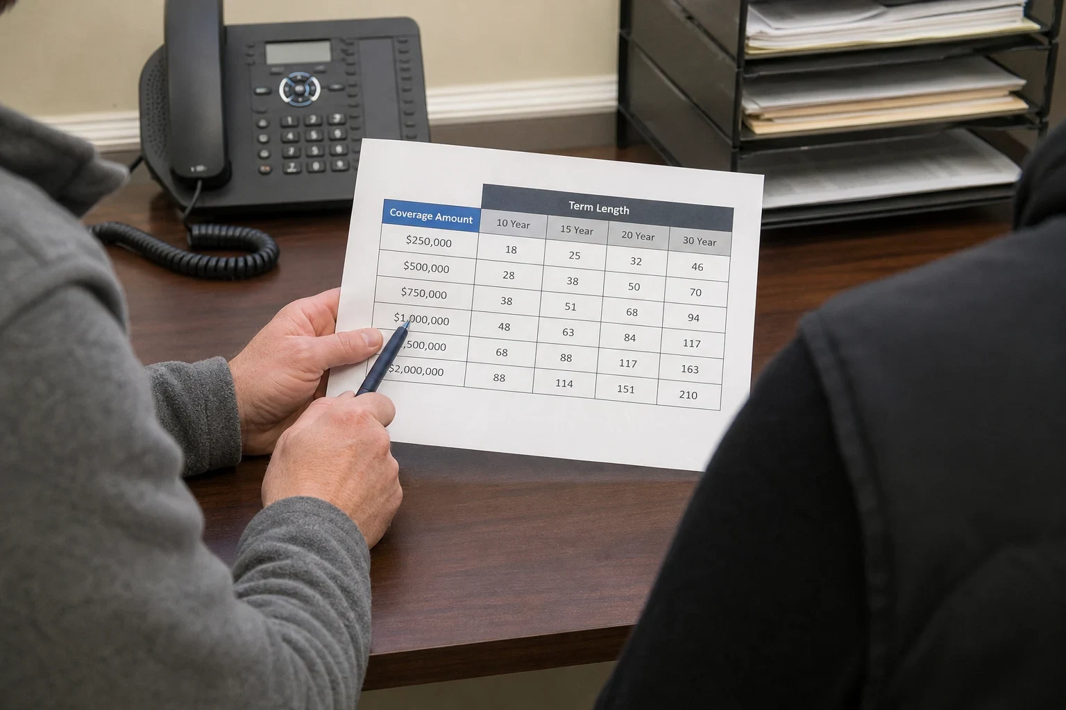 Agent in a gray fleece points a pen at a printed chart of coverage amounts and term lengths on a wooden office desk beside a phone and file tray