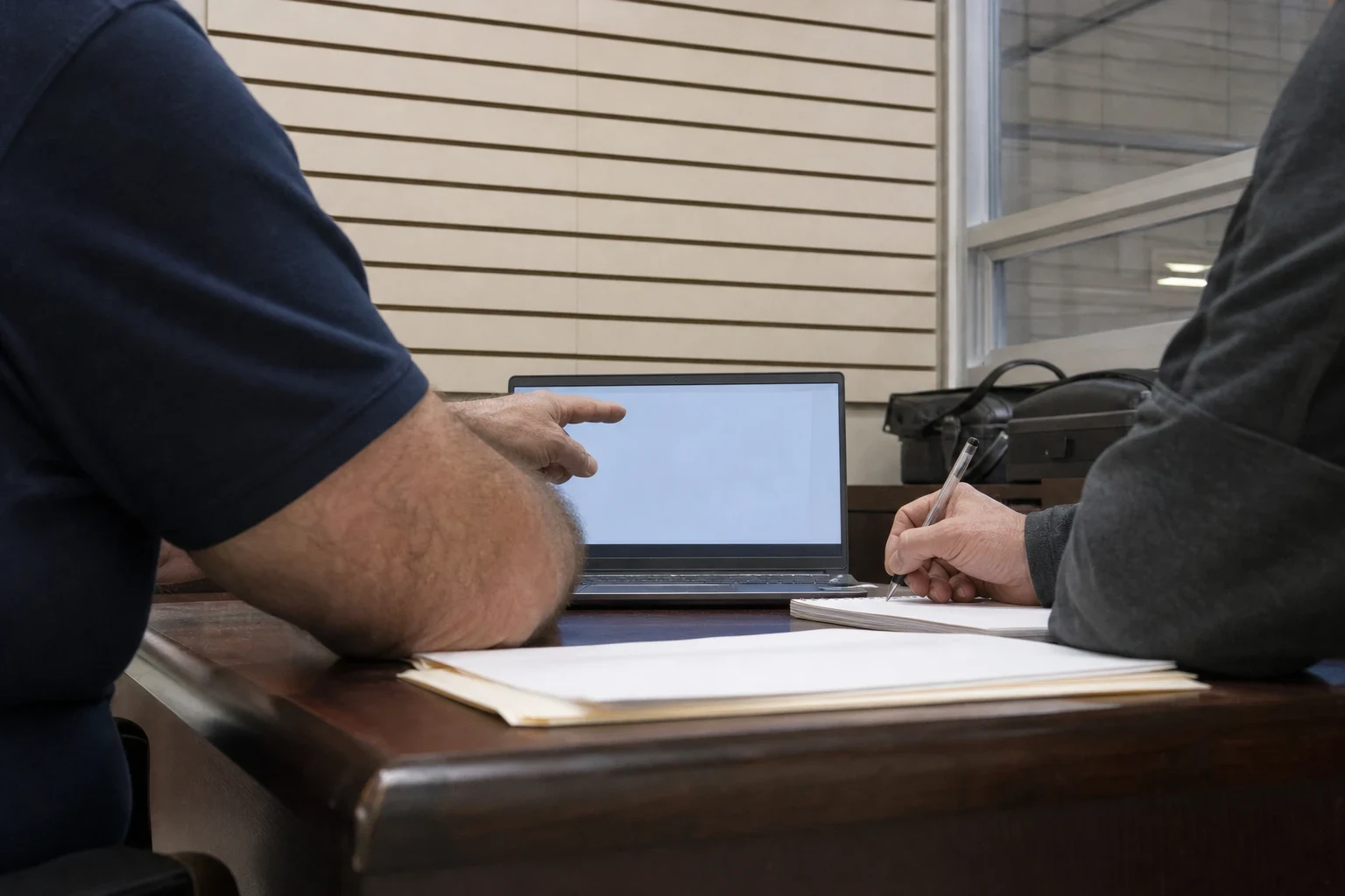 Two people at a wooden office desk, one pointing at a laptop screen while the other takes notes with a pen beside a manila folder
