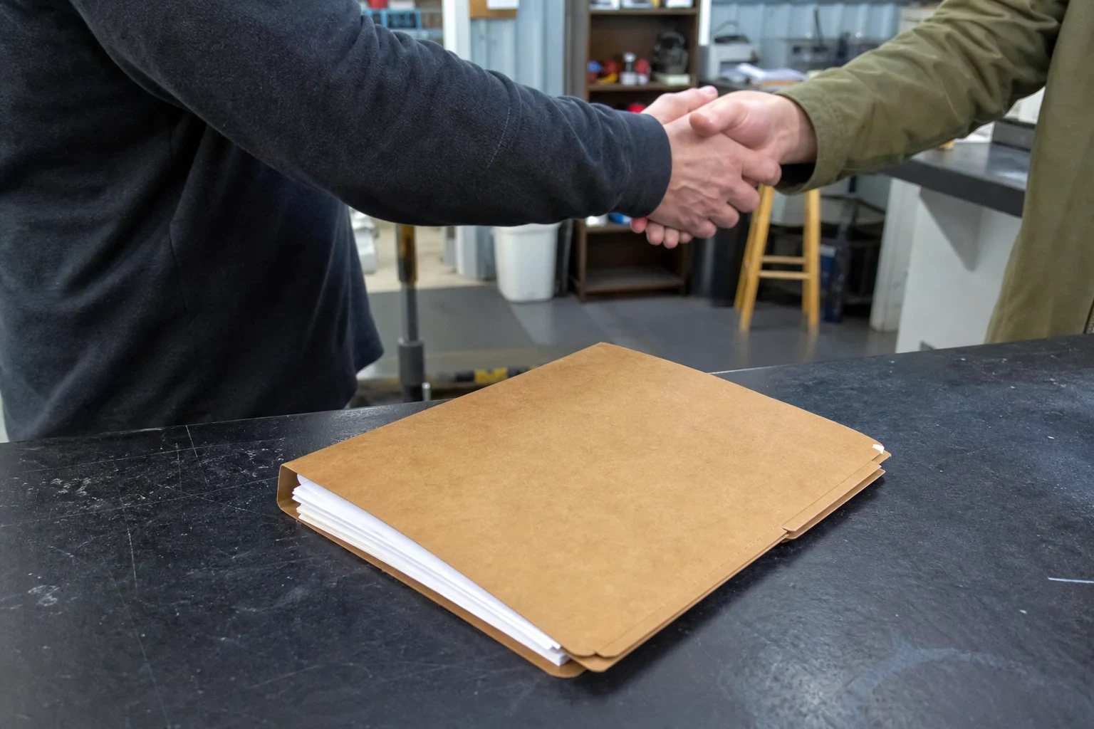 Two people shake hands over a dark shop counter, faces out of frame, with a plain kraft file folder of papers resting on the counter in front of them