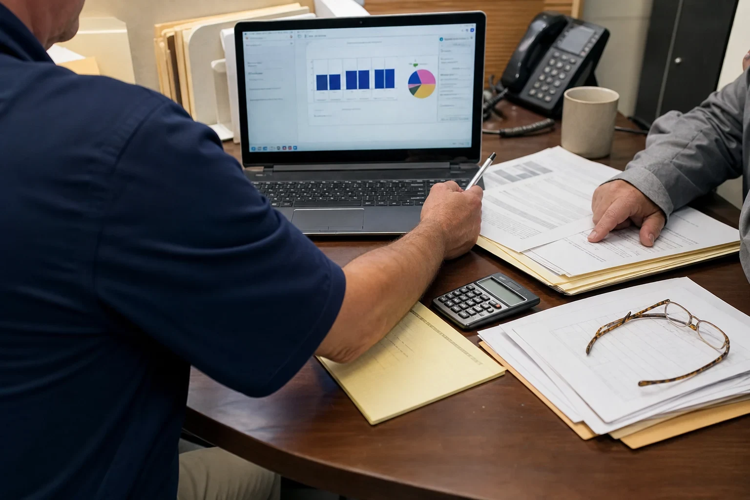 Agent in navy shirt points a pen at a laptop showing bar and pie charts while a client reviews papers on a wooden office desk with calculator and phone