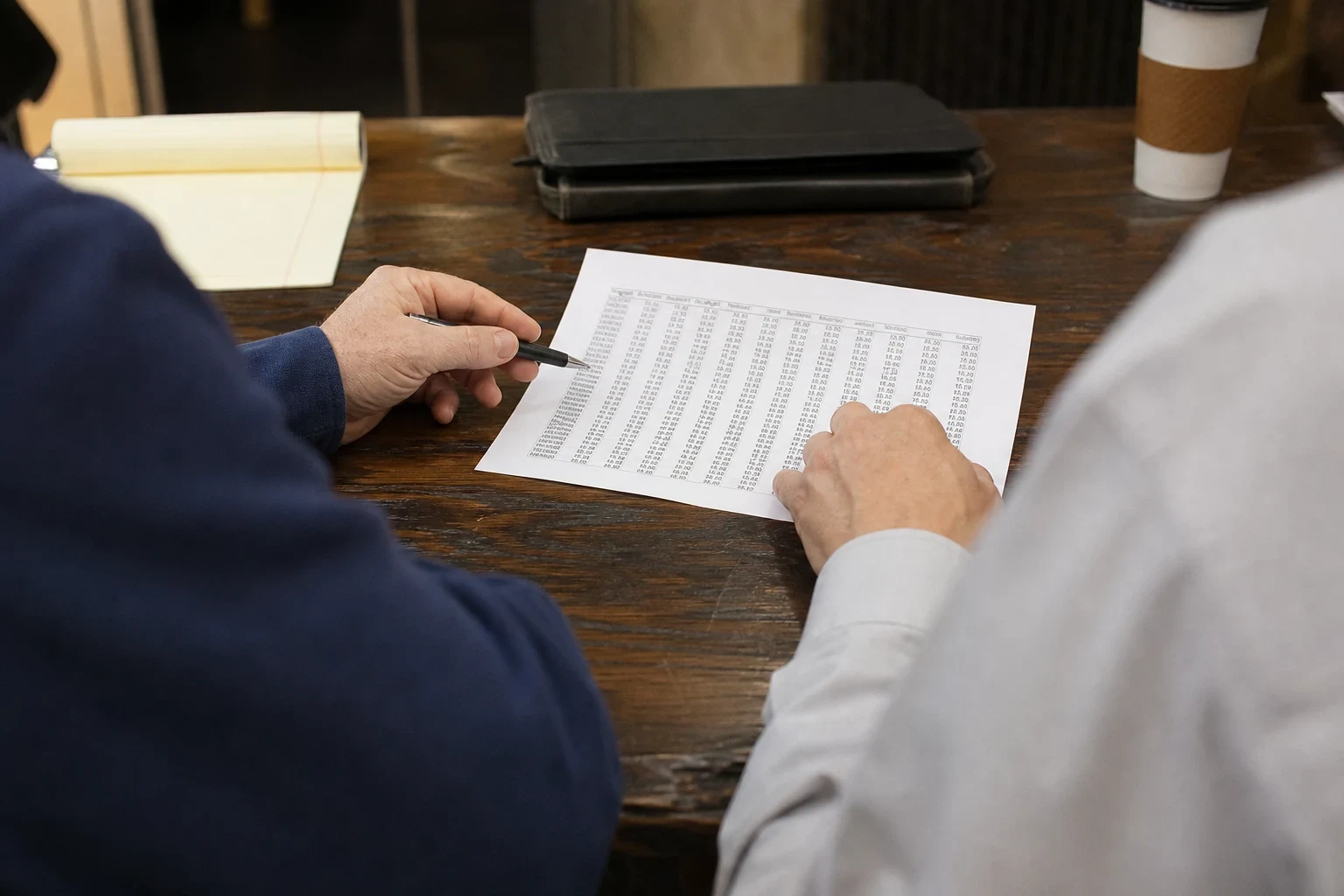 Over-the-shoulder view of two people at a wooden table reviewing a printed table of figures, one holding a pen, with a legal pad, padfolio and coffee cup nearby